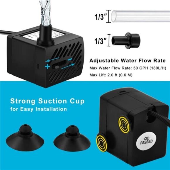 2Pcs Mini Fountain Pump (50GPH 3W), Ultra Quiet Submersible Water Pump - Picture 5 of 7